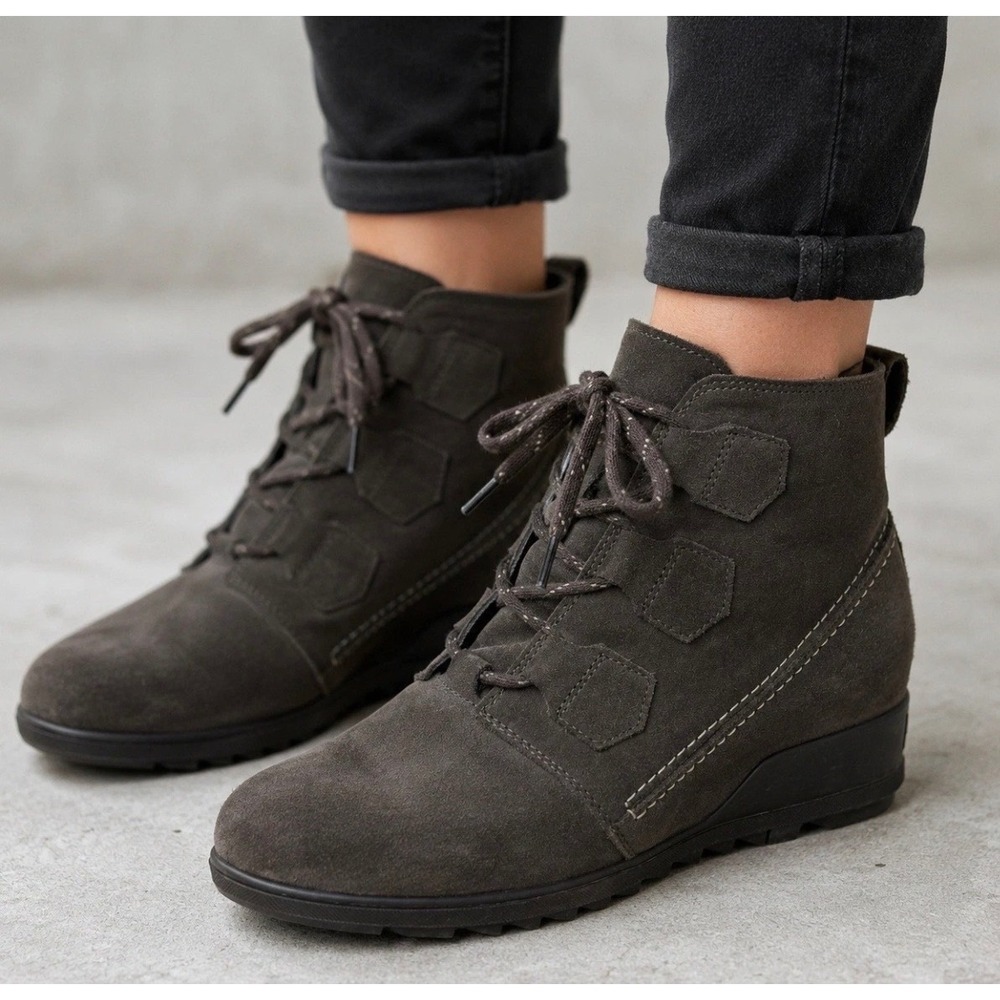 Sorel Boots Evie Lace Ankle Waterproof Suede Wedge Gray 11